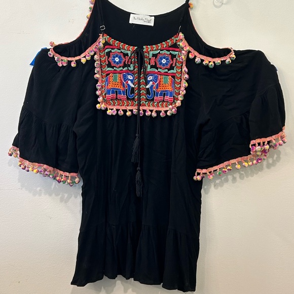 The Paisley Parrot Tops - Boutique Cold Shoulder Shirt  Size Large. Colorful Embroidery Pompoms Tassel Tie